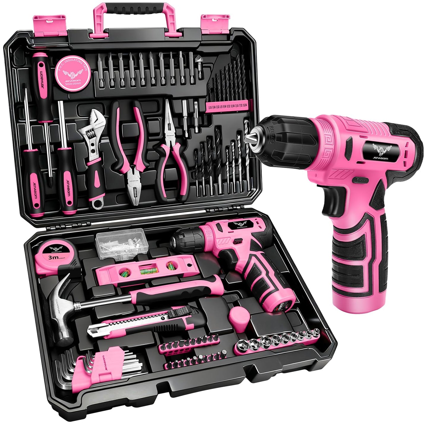 JENABOM Tool Set - 8V Cordless Drill Set, 127 Piece Home Tool Set With Hand Drill, Tool Kit for Women & Men, Perfect for Homeowner, Diyer, Handyman, Pink