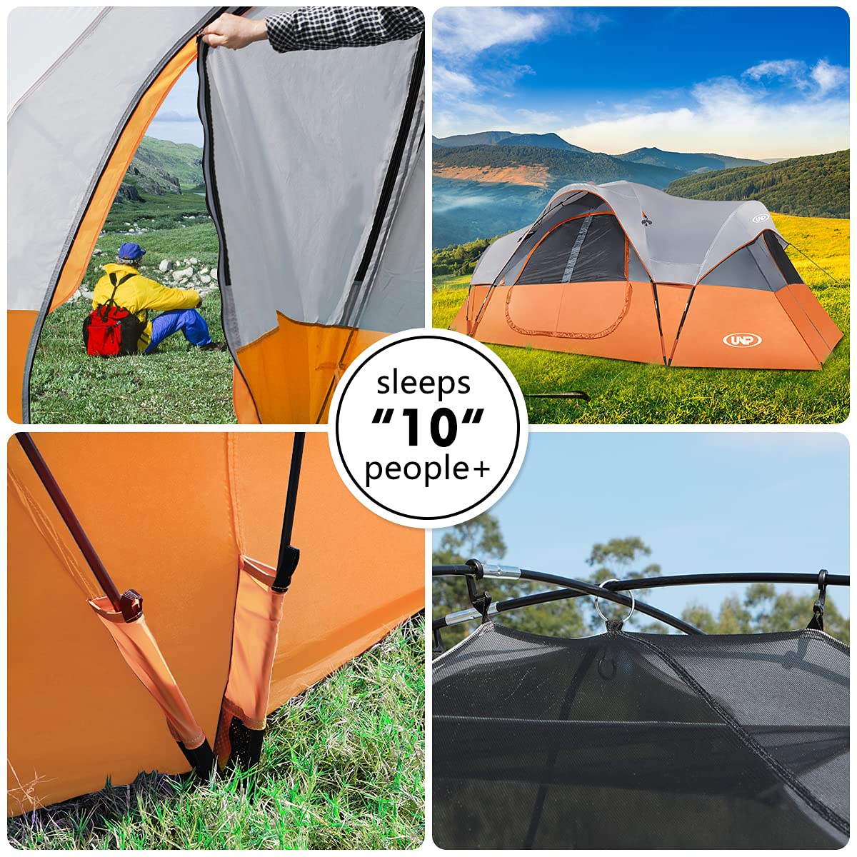 UNP Camping Tent 10-Person-Family Tents, Big, Easy Up, 5 Large Mesh Windows, Double Layer, 2 Room, Waterproof, Weather Resistant, 18ft x 9ft x78in (Orange)