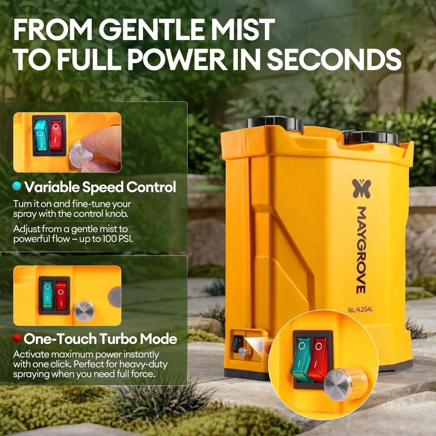 MAYGROVE 4.2 Gal Electric Backpack Sprayer, 2-4h of Continuous Spray, Equipped with Adjustable Wand & 5 Nozzles, Auto Spraying for Garden, Lawn Care, Fertilizing & Weed Control (Battery Included)