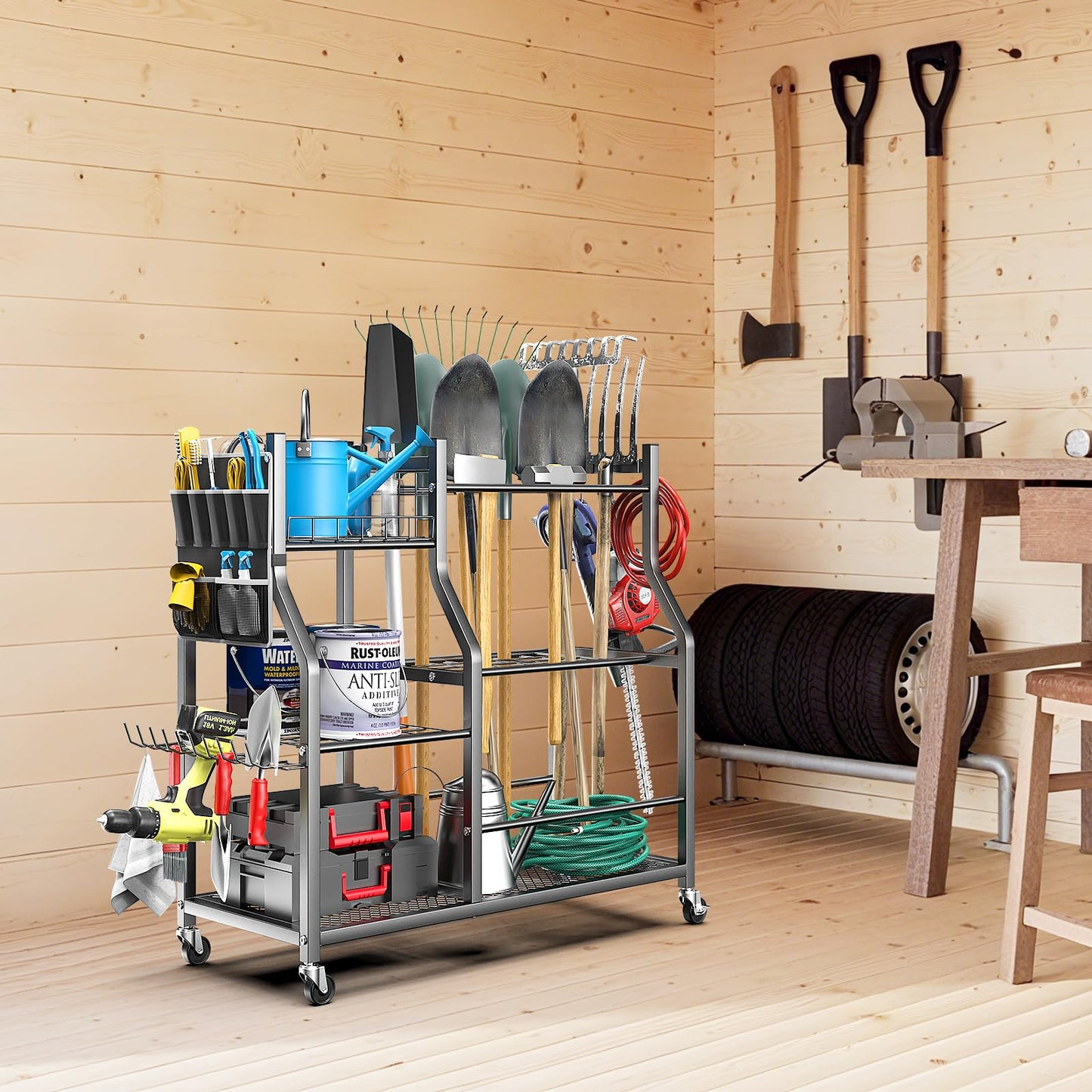 organizelink 36" Large Garden Tool Organizer with Wheels & Side Tool Bag, 3 Tier Rolling Garage Storage Rack for Long Handled Rakes, Shovels, Brooms, Freestanding Yard Tools Cart for Shed & Outdoors