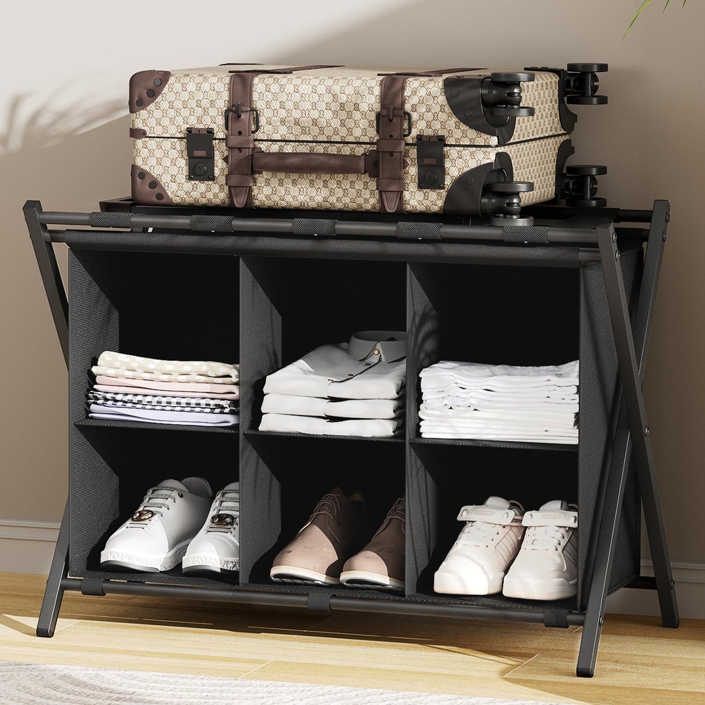 Huhote Luggage Rack for Guest Room, Folding Suitcase Stand with 6-Cube Fabric Storage Shelf, Luggage Holder, Steel Foldable Luggage Stand for Guest Room, Bedroom, Hotel, Black