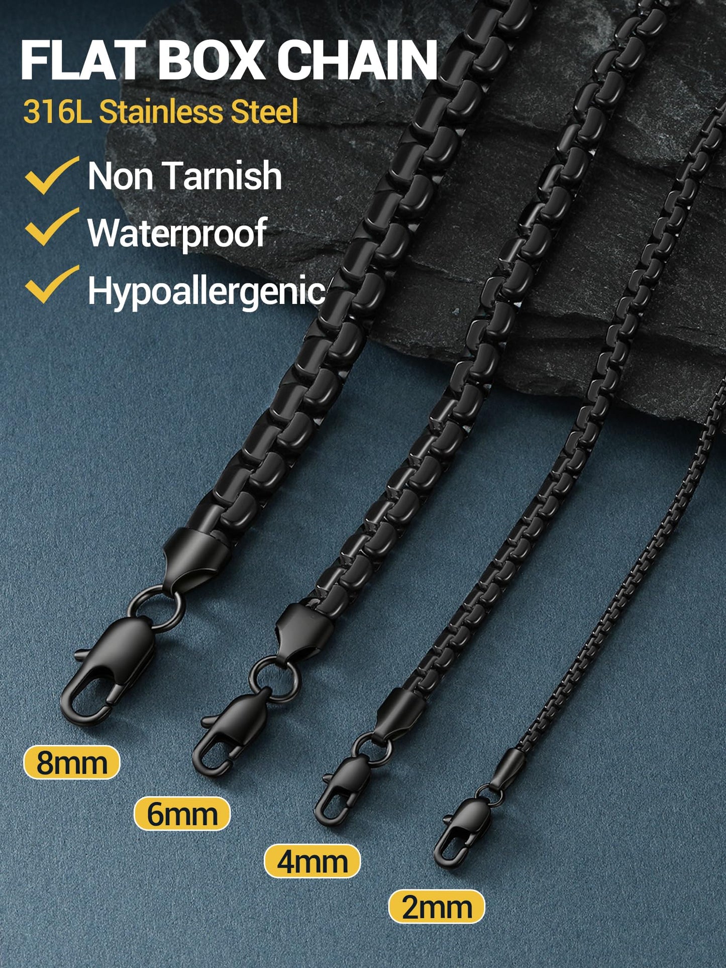 PROSTEEL Stylish Stainless Steel Flat Link Chain Necklace for Men, 2mm/4mm/6mm/8mm. Silver/18K Gold/Black, Hypoallergenic Jewelry, 14"-30", Come with Box, Black8mm-30in