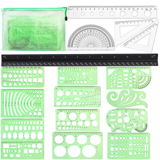 18 Pcs Geometric Drawings Templates, Drawing Stencils, Drawings Tools, Stencils for Drawing, Drafting Stencil with a Storage Bag for Architecture, Studying, Office, Designing