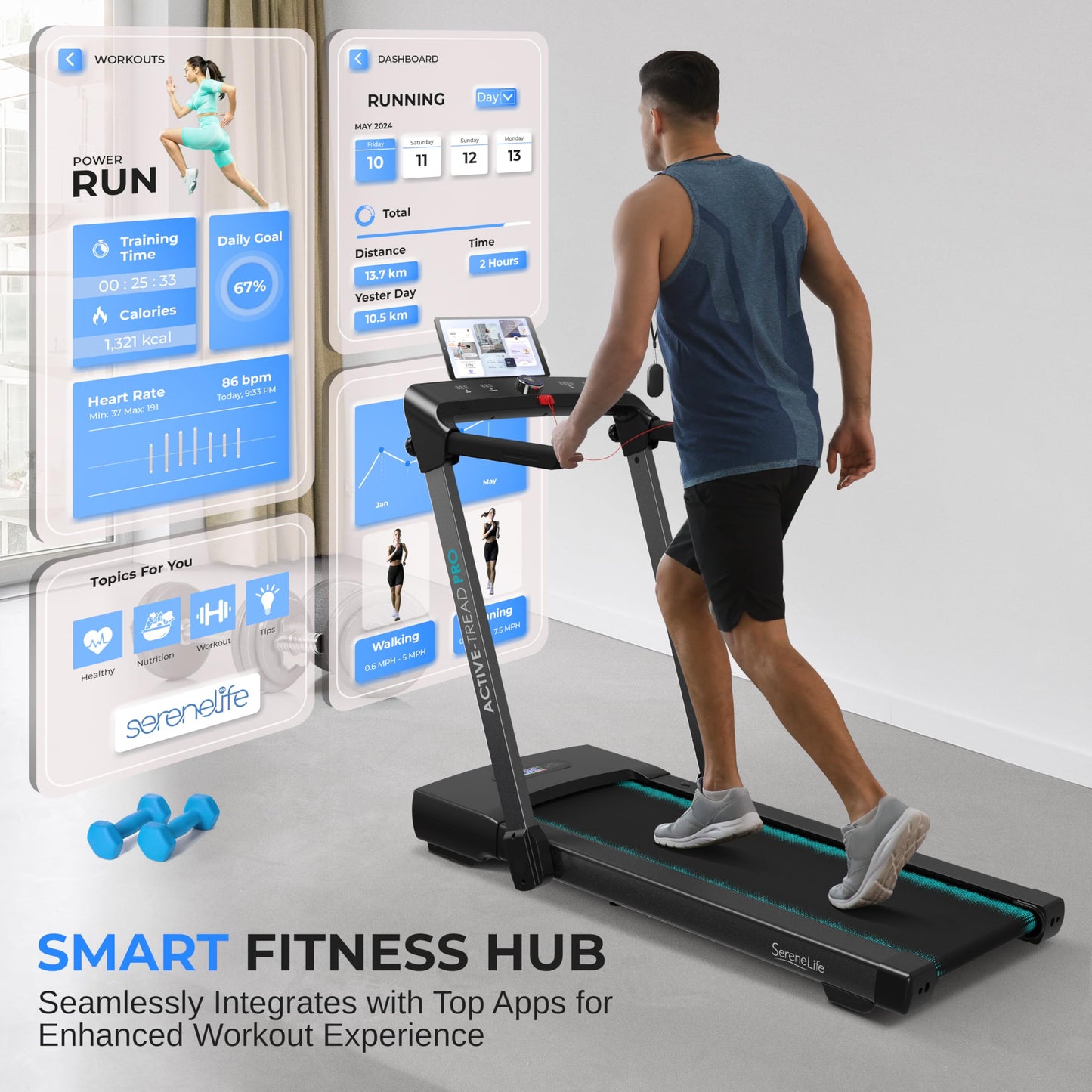 SereneLife 2 in 1 Foldable Treadmill & Walking Pad with Remote Control, Under Desk Storage, Speed 8.7MPH, 2.5HP, Bluetooth Integration,12 Exercise Programs, Walking or Jogging, 265lbs Capacity