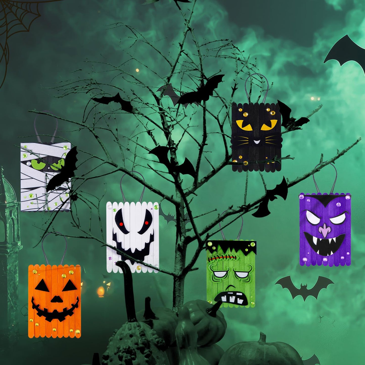 NRWRTY 25 Sets Halloween Crafts Kits,Arts and Crafts with DIY Ghost Pumpkin Felt Stickers Craft Sticks for Halloween Party Favors
