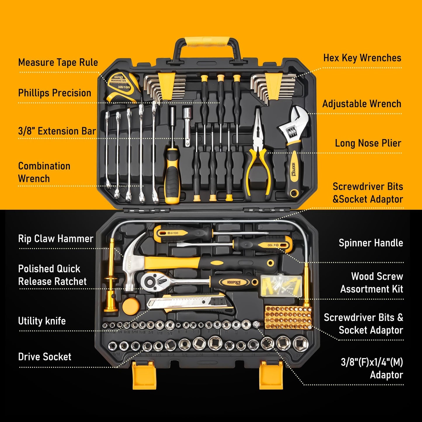 KOOPOOL Tool Set, Tool Box Kit for Mechanic and Car, General Household Home Tool Kit, Basic Tool Kit for Home Auto Repair, with Storage Case