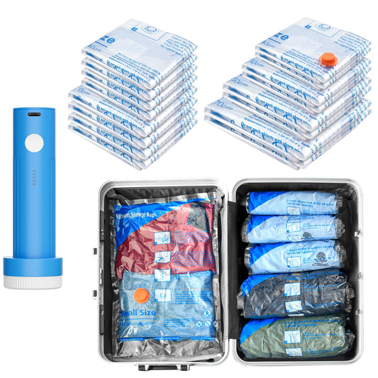 16 Pack Vacuum seal bags for clothing With Coldless Pump, Vacuum Storage Bags,Space Saver Sealer Bags, Pillows, Comforters, Blankets, Bedding,Travel,