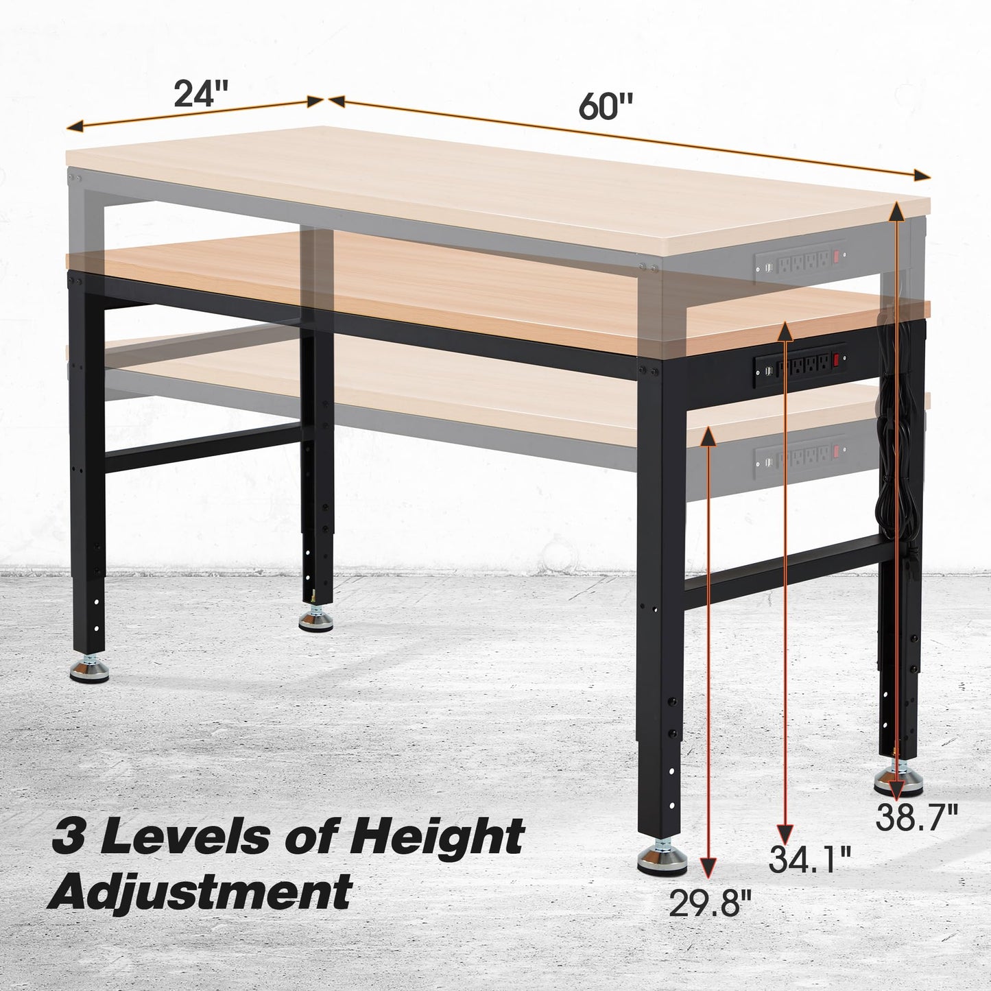 Antifir 60” Adjustable Workbench，Heavy Duty Wood Work Bench 2000 Lbs Load Capacity,Work Table with Power Outlet for Garage, Workshop, Office, Home