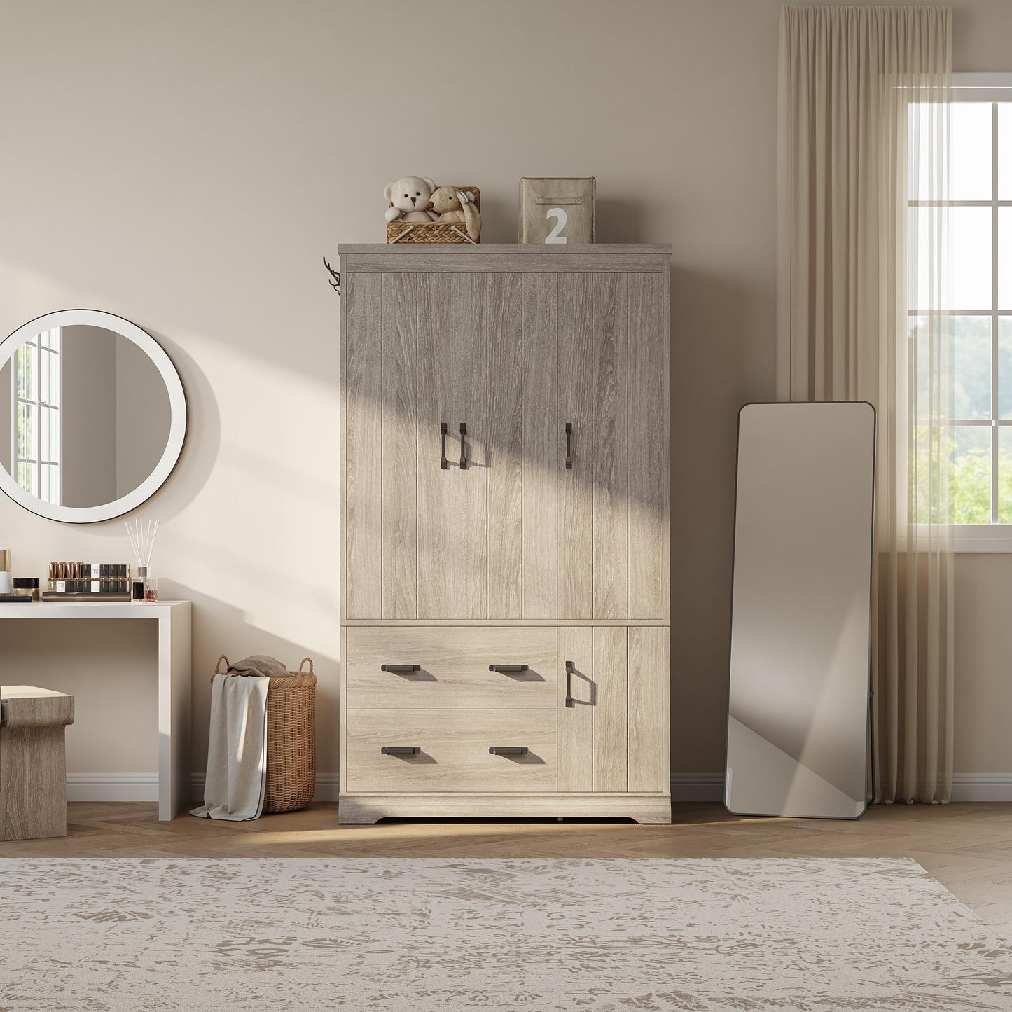 LIKIMIO Wardrobe Closet, 70" Tall 4 Doors Large Wooden Closet with 2 Drawers, 3 Shelves Bedroom Armoire with Hanging Rod, Freestanding Storage Cabinet for Hanging Clothes, Grey