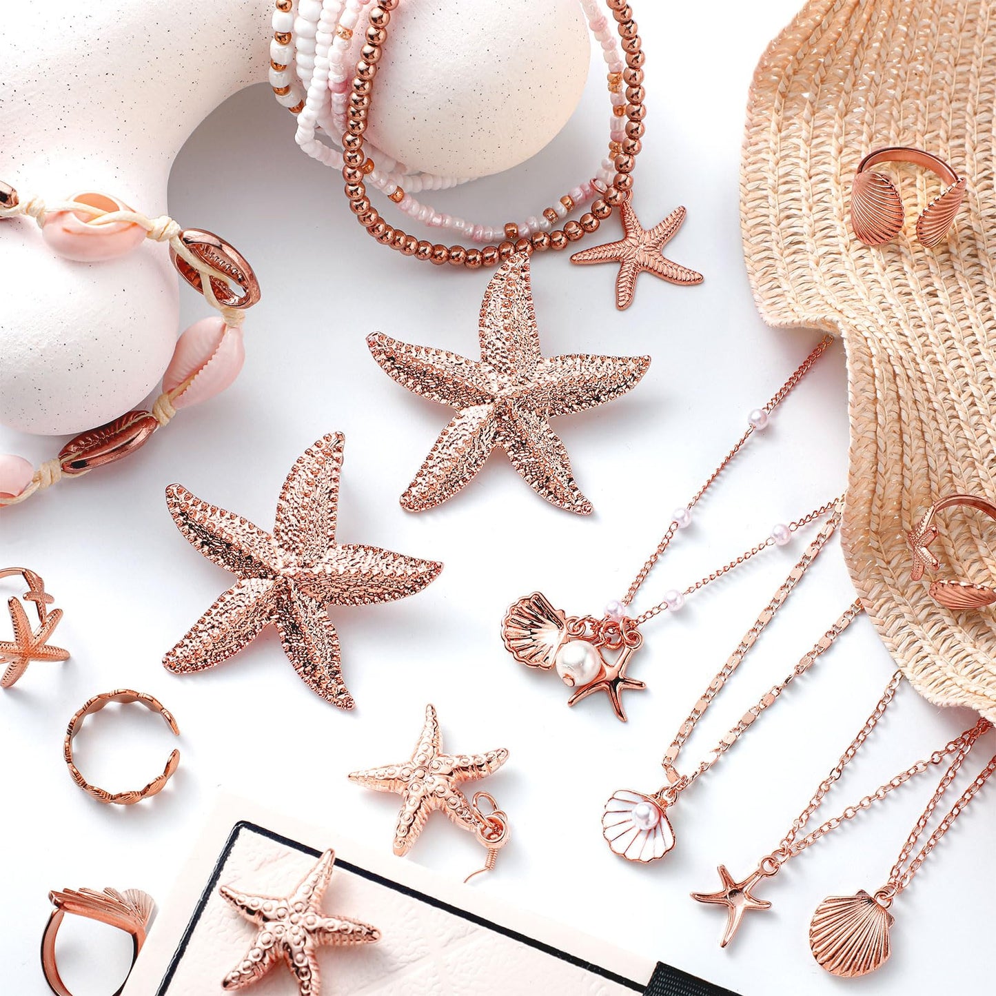 16 Pcs Seashell Starfish Jewelry Set for Women Seashell Earrings Rings Boho Layer Charm Necklace Summer Beach Bracelets Natural White Anklet for Summer Holiday Vacation Accessories(Rose Gold,Beach)