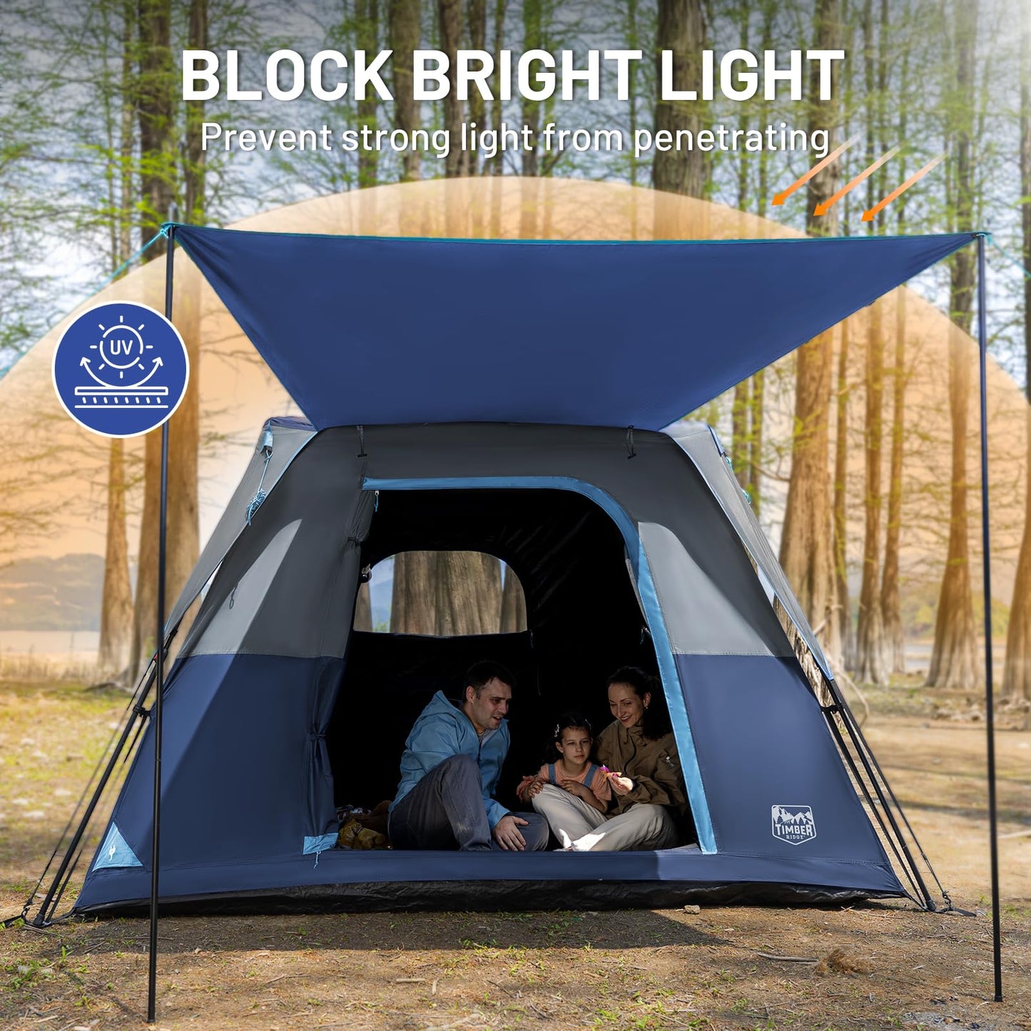TIMBER RIDGE 5-6 Person Blackout Design Camping Tent, 60s Easy Setup Instant Cabin Tent for Family with Rainfly, Water-Resistant, 9' x 9' x 72" for Outdoor Adventures Gatherings