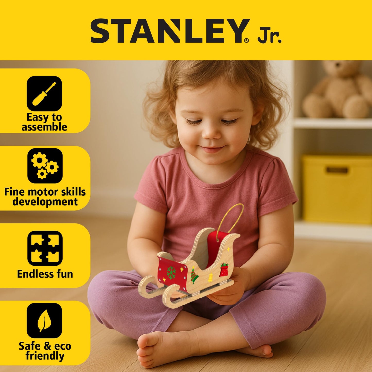 Red Toolbox Stanley Jr. DIY Wood Mini Santa Sleigh and Reindeer Set - Craft Kit for Kids - Create Your Own Mini Santa Sleigh - Perfect Holiday Decoration