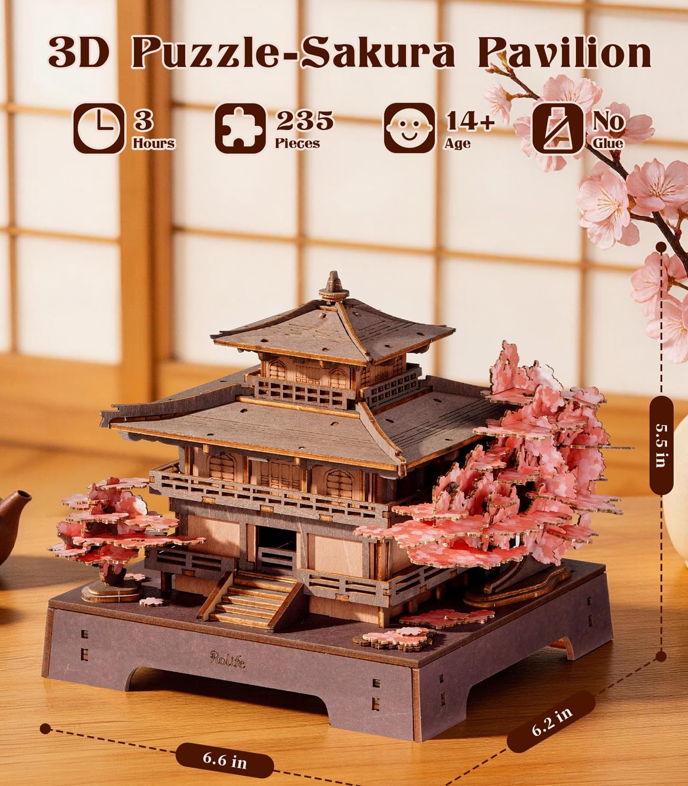 Rolife 3D Wooden Puzzle Sakura Pavilion, DIY Japanese Architecture Model & Miniature House Building Kit for Adults, 235PCS Wood Craft Puzzle, Cherry Blossom Home Decor for Teens and Adults