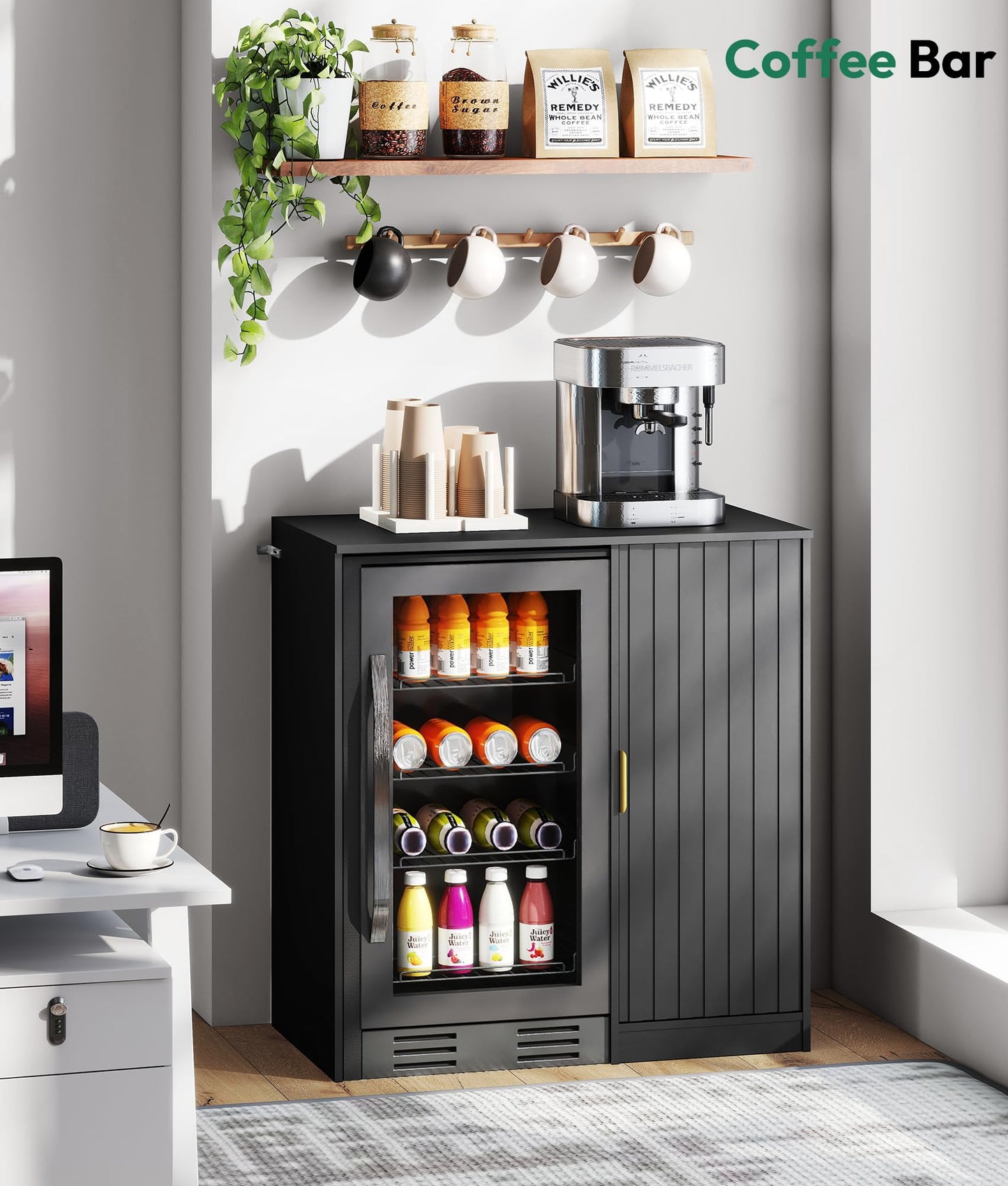 Lamtor Coffee Bar with Mini Fridge Space - Snack Bar Cabinet with Power Outlet, Fluted Mini Fridge Cabinet with Adjustable Shelf for Kitchen Dining Room Living Room, Black