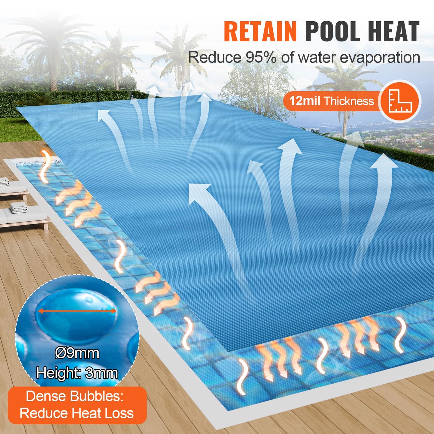 VEVOR Solar Pool Cover, 24 x 12 ft Rectangle Solar Cover 12 mil for Pools, Inground Above Ground Swimming Pool Solar Blanket with Bubble, Heat Retaining Solar Covers Blue