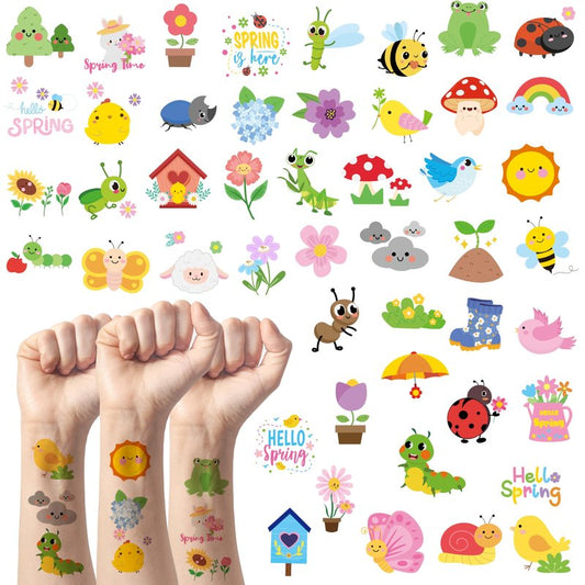 ANGOLIO Spring Theme Temporary Tattoos Stickers - 144Pcs Spring Animals Themed Tattoos Stickers, Cute Cartoon Bee Ladybug Butterfly Pattern Decals for Kids Party Goodie Bag Stuffers Classroom Rewards
