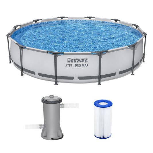 Bestway Steel Pro MAX 12' x 30" Above Ground Pool, Round Metal Frame Outdoor Swimming Pool Set with Filter Pump & Type III A/C Cartridge, Gray