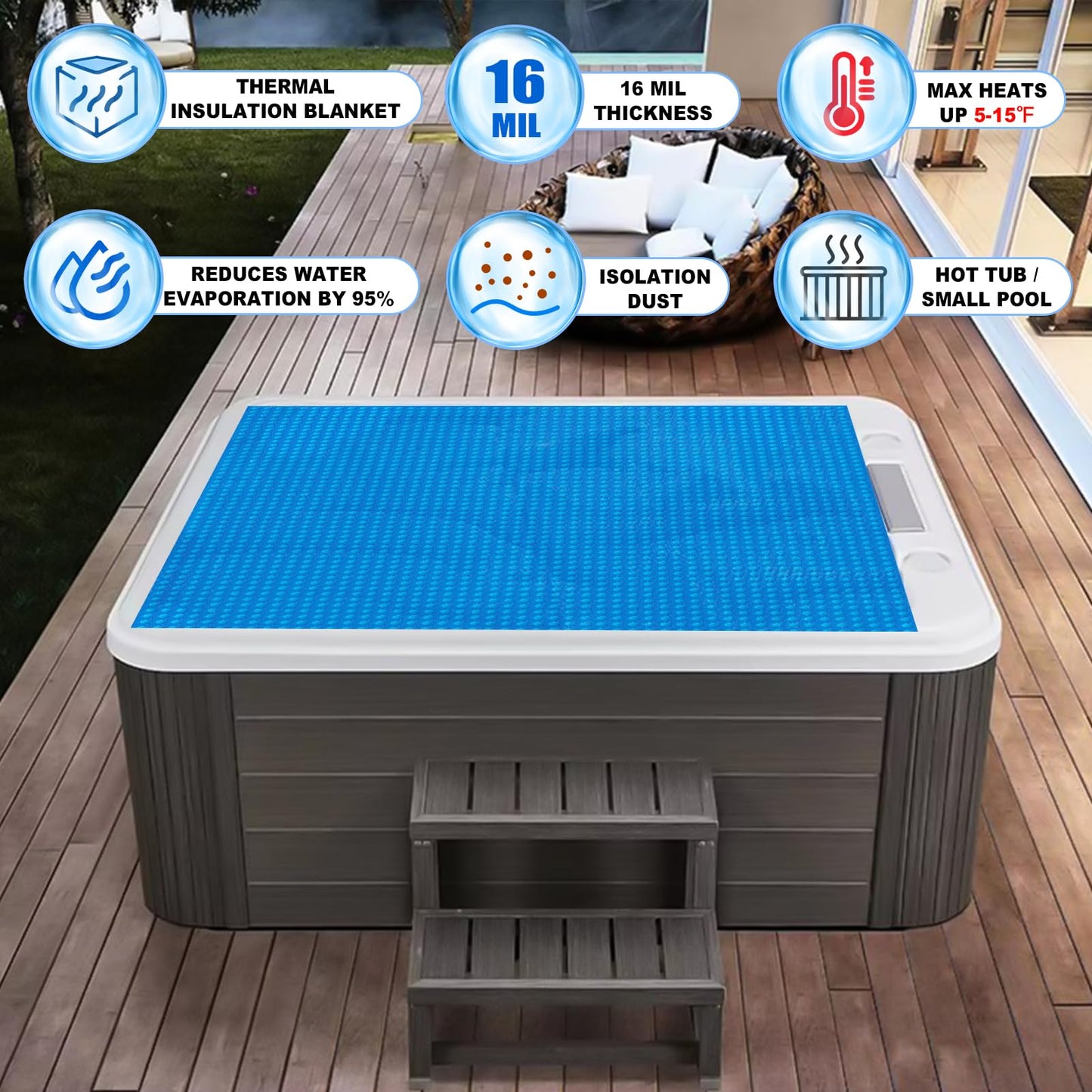 Kakolvan Solar Bubble Hot Tub Spa Cover for 6 x 6 FT Square Inflatable Swimming Pool Blanket Thermal Floating Insulation 16 Mil Bubble Solar Covers for Indoor Outdoor Spa Hot Tub Wrap Covers