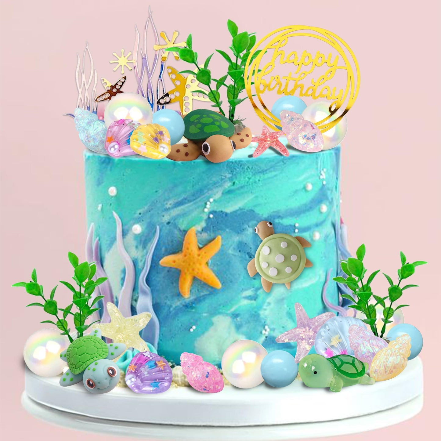 UFROMSKY 34pcs Turtle Cake Topper Under the Sea Cake Decoration with Ocean Turtle Starfish Conch and Seashells for Sea Theme Birthday Party Baby Shower Supplies