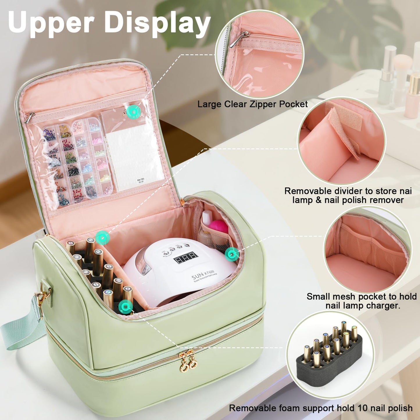 Uross Nail Polish Organizer Bag Holds 50 Bottles Nail Polish, Nail Lamp, Nail Supplies- PU Leather Nail Organizers and Storage Case for Nail Tech, Nail Stuff Gel Kit Box Gift for Manicurist- Green