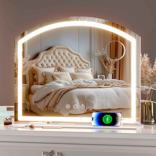 Hasipu Arch Vanity Mirror with Light, 24"x20" Arched Led Makeup Mirror with 10X Magnification, Tabletop Desk Mirrors with USB Charging Port, Dimmable 3 Colors Mode