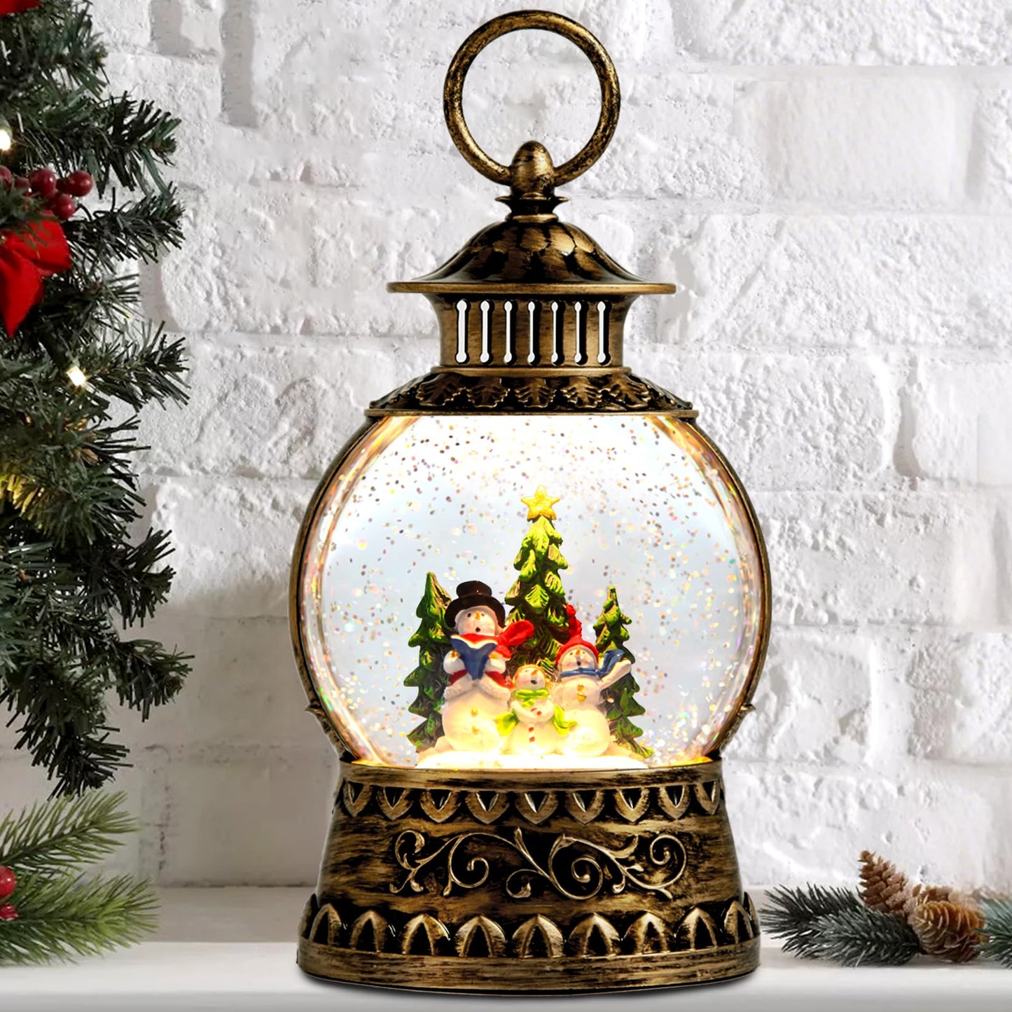 Christmas Snowman Snow Globe, Snowman Musical Snow Globe Lantern Lights with 6H Timer Battery & USB Powered, Retro Style Holiday Glitter Globe for Xmas Home Decoration Holiday Party Gifts