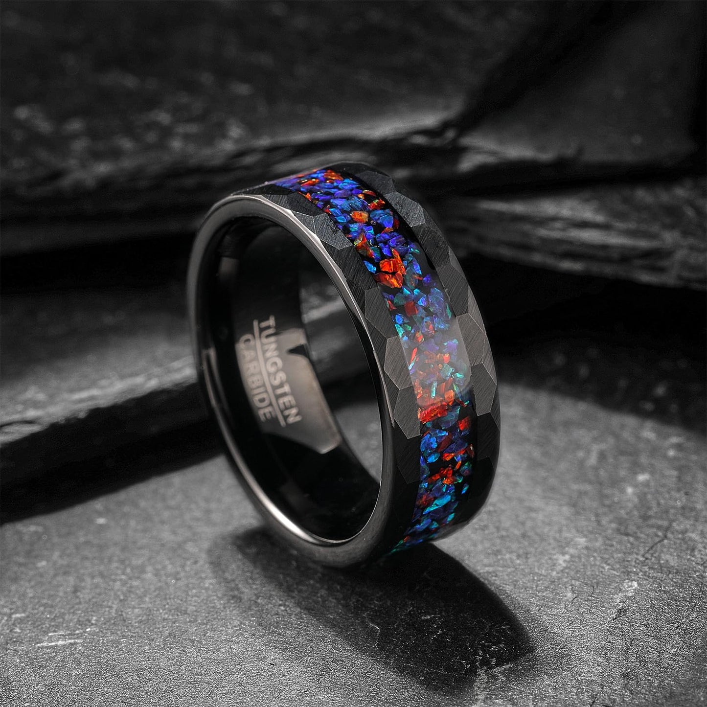 NUNCAD Black Tungsten Rings for Men Women Wedding Ring Band with Galaxy Opal Inlaid 8mm Comfort Fit Hammered Design Sizes 7
