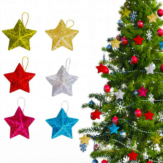 24 Pcs Christmas Tree Ornaments Set- Glitter Stars Christmas Ornaments for Tree, Colorful Star Decorations for New Year Party Decor Supplies