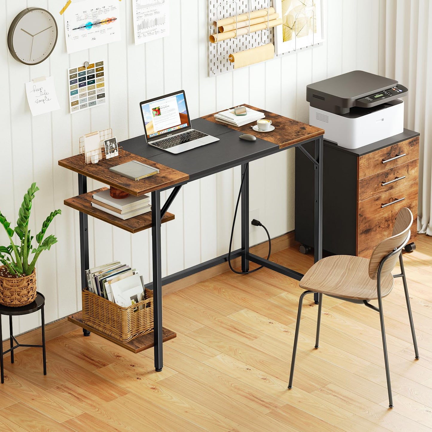 HOOBRO Computer Desk, Home Office Desk with Power Outlet, Writing Desk with 2 Shelves, Modern Small Desk for Home Office, Study, Easy to Assemble, Rustic Brown and Black BF43UDN01