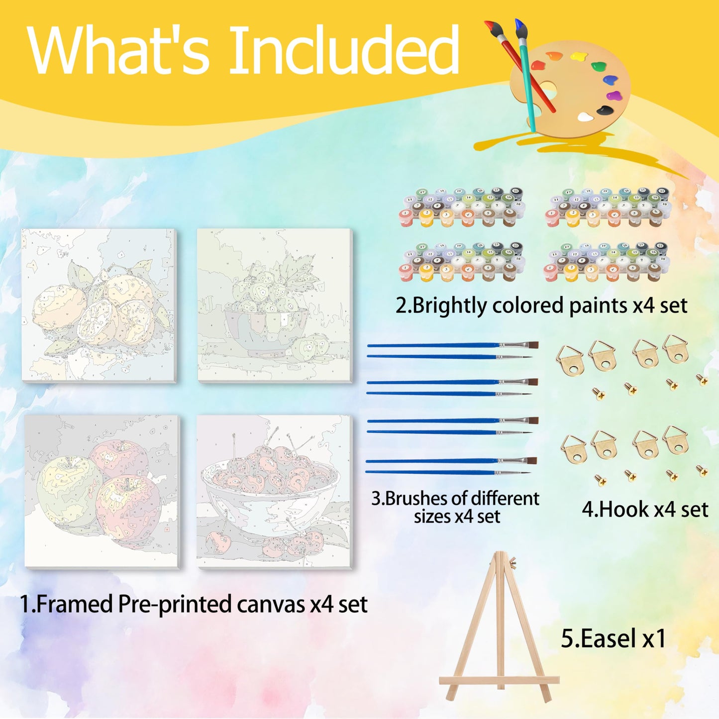 Ycydilirab 4 Pack Fruit Paint by Numbers Kit for Adults with Framed Wooden Easel - Fruit Adult Paint by Number,Paint by Number Canvas for Adults Gifts Home Wall Decor 8×8 inch
