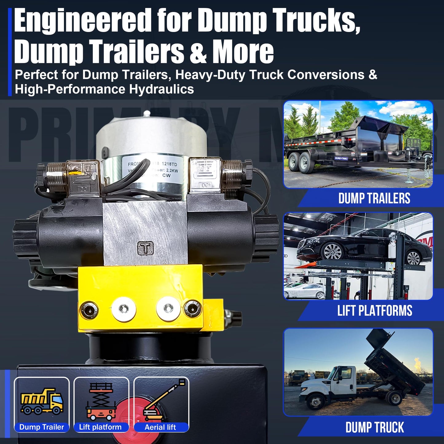 Primary Mover Hydraulic Pump for Dump Trailer - 12Vdc Hydraulic Power Unit - Dump Trailer Pump Steel Reservoir with Remote Controller (20 Quart Dual Double)