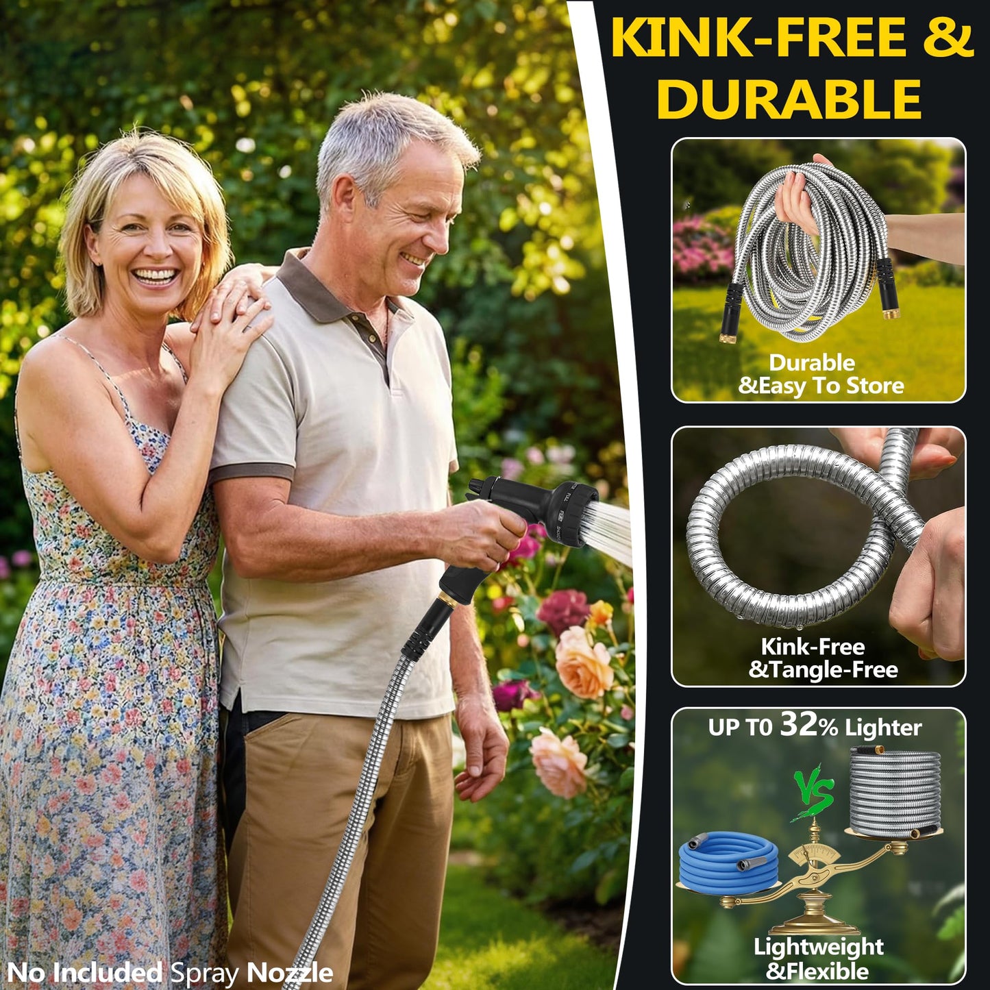 75 ft Stainless Steel Garden Hose - 2026 New Upgraded Metal Water hose - Flexible Water Hoses Pipes with Latex Core, 3/4" Solid Brass Connector - No-Expandable Watering Garden Hoses