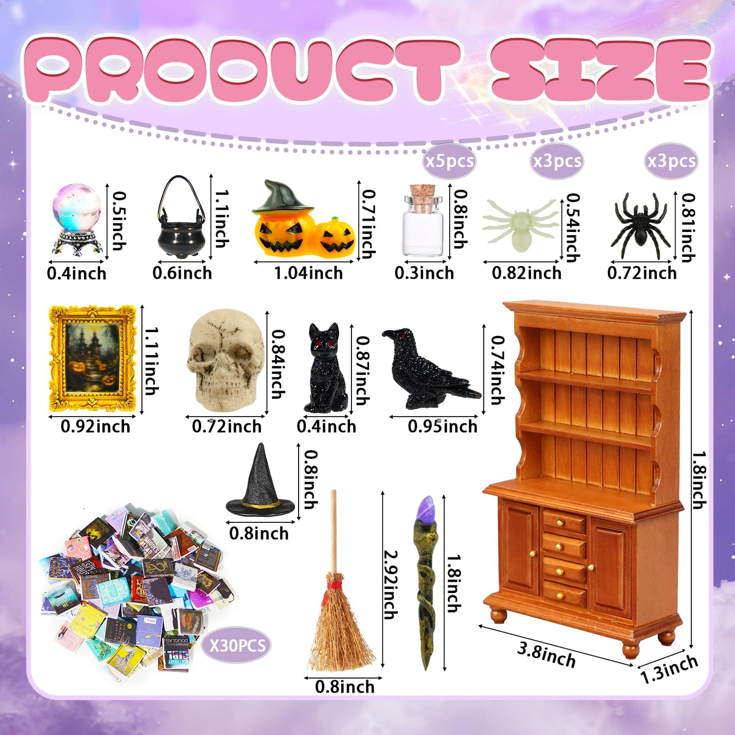 Rileryan 53 Pcs 1:12 Scale Magic Witchy Mini House Kit Halloween Miniatures Accessories Wooden Furnitures Bookshelf Bookcase 30 Mini Books Halloween Decoration