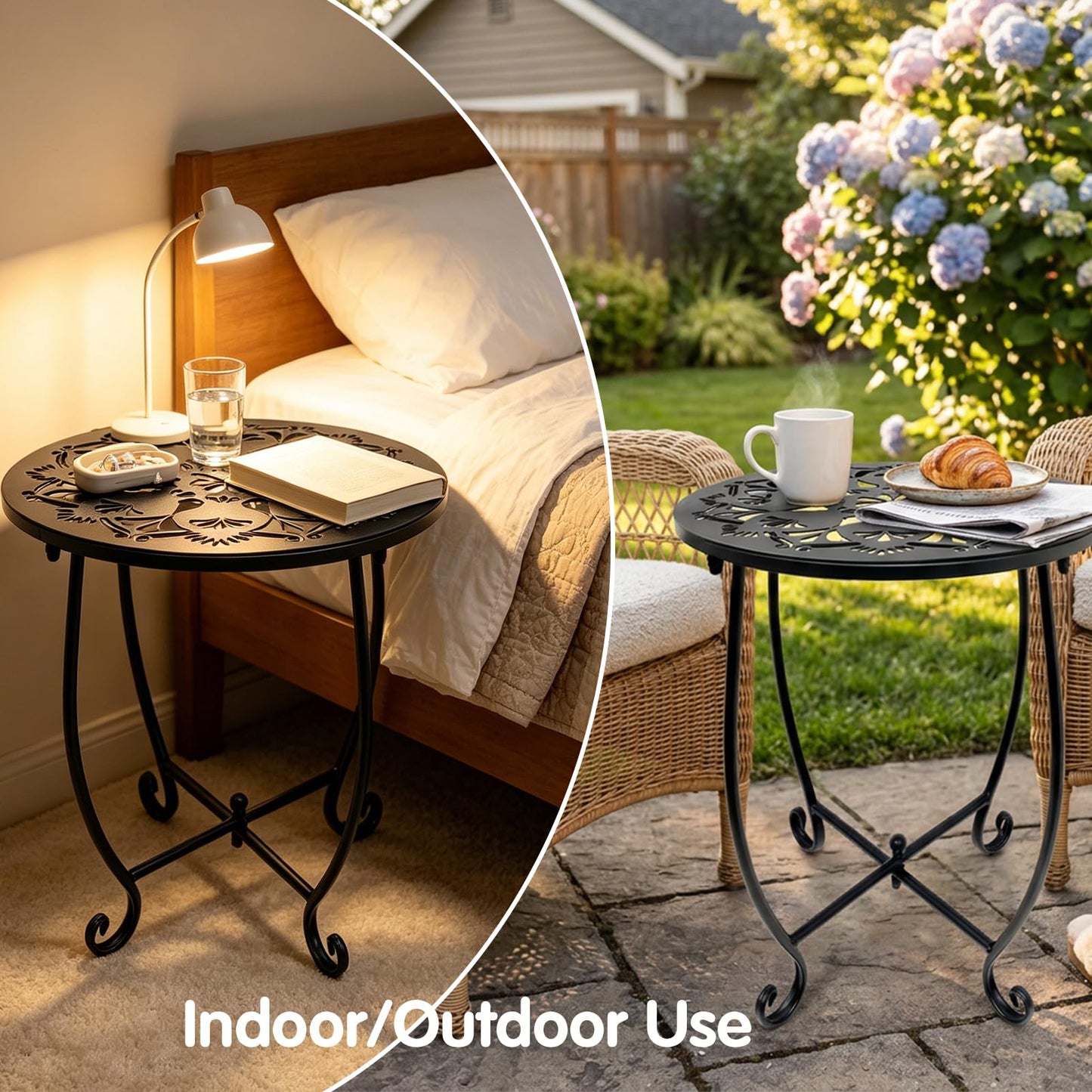 Fashion&cool Outdoor Side Tables, 14 Inch Rust-Resistant Metal Side Table for Outdoor, Round End Table Side Table for Patio Yard Porch Balcony Garden Bedside, Plant Stand (Black)
