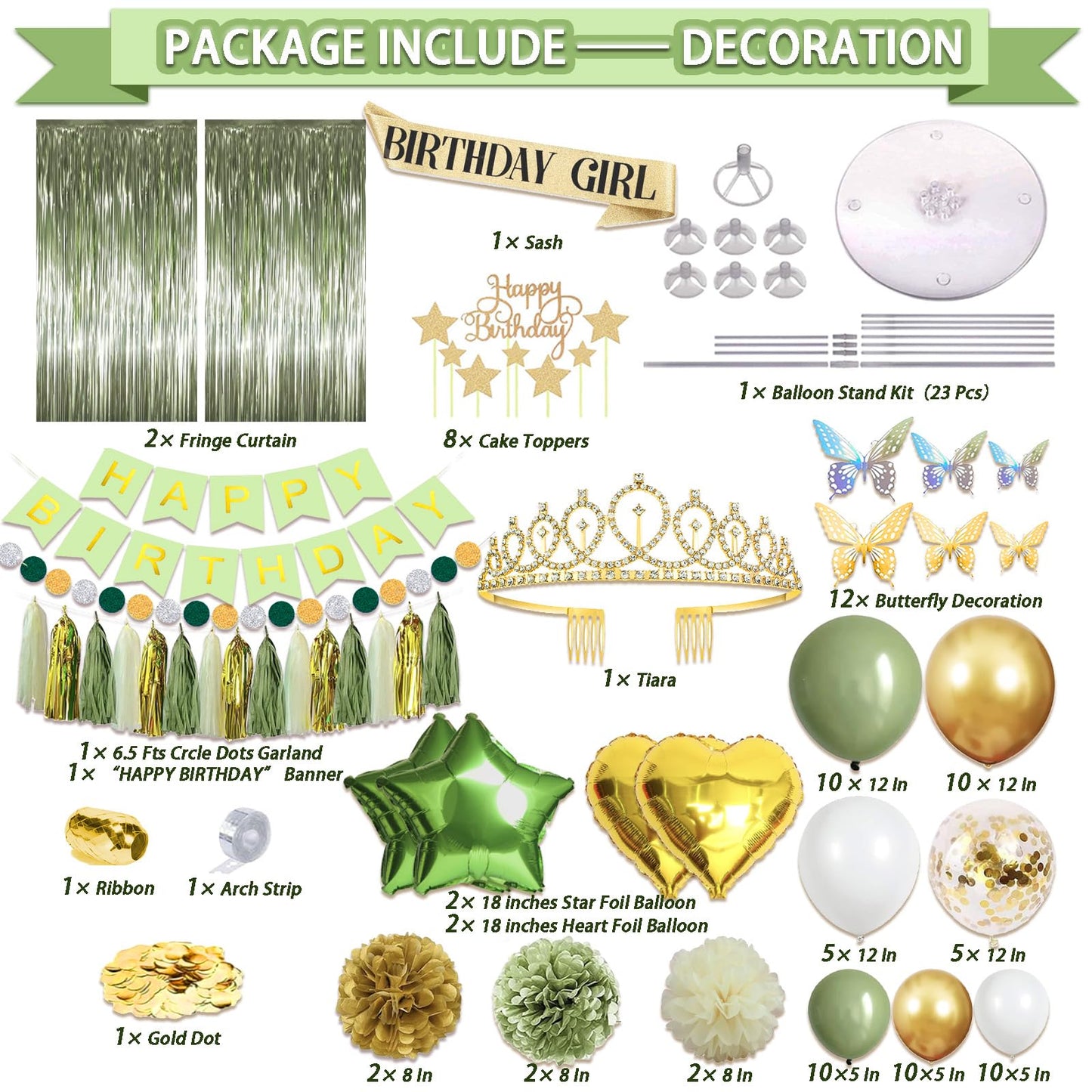 Guudmua 222 Pcs Sage Green Happy Birthday Decorations, Birthday Decorations for Women or Girl Kit- Disposable Dinnerware Set with 25 Guest, Balloons, Sash, Tiara, Banner, Paper Pom Poms