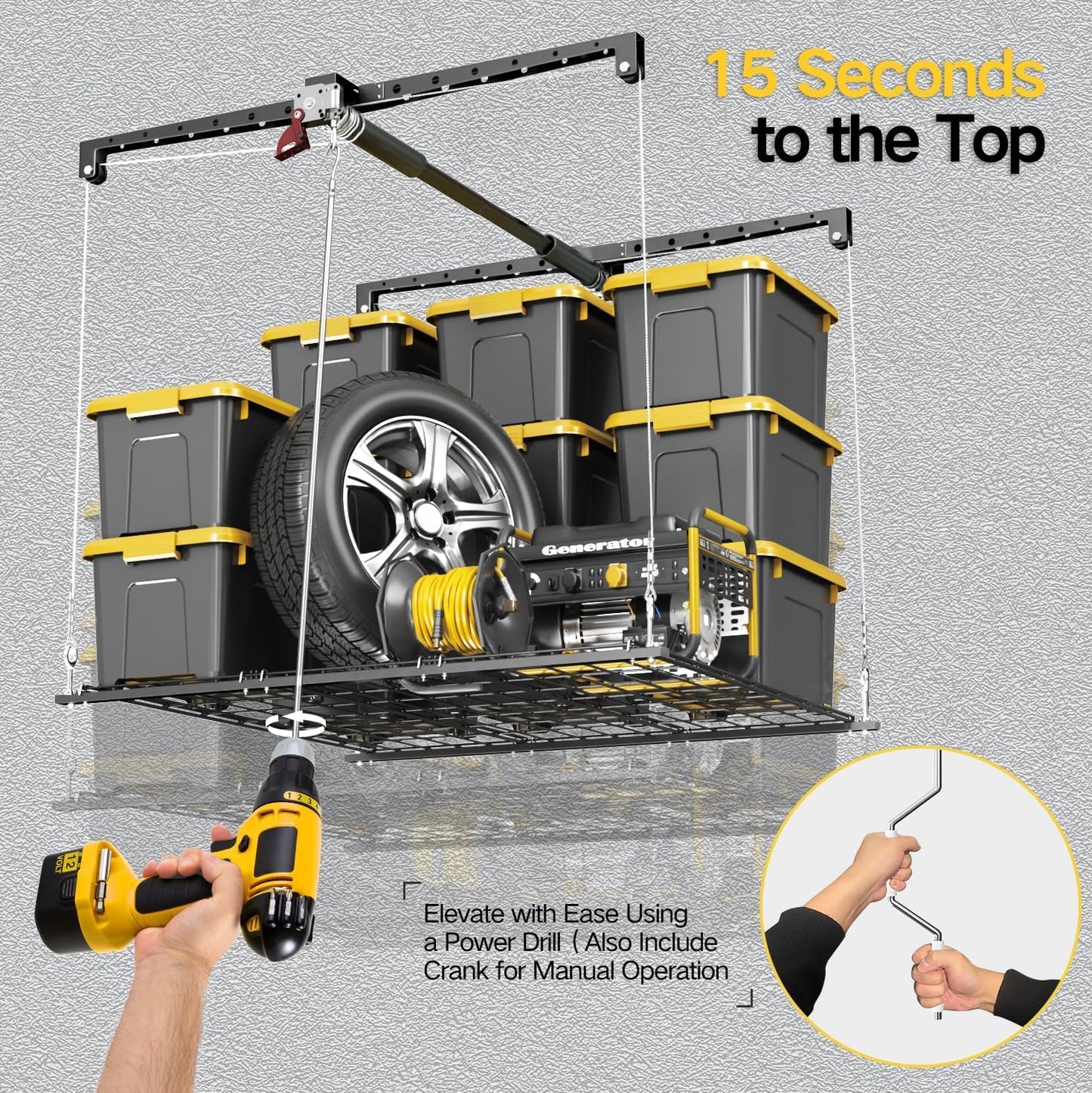 Overhead Garage Storage Rack for 12-14ft Ceiling, Heavy-duty 4x4 FT Garage Ceiling Storage Racks with Safety Lock, Ideal for Storage Mounted Lift System and Storage Organizer, 250lbs Capacity