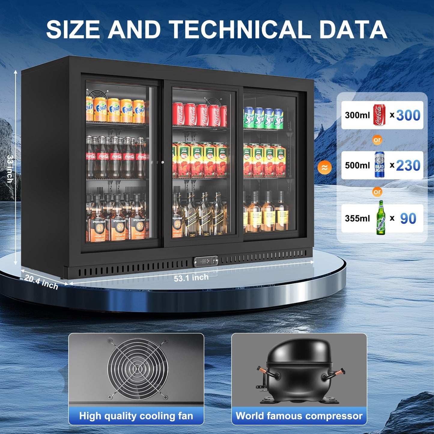 Rockitch Back Bar Cooler with 3 Sliding Doors, 10.6 Cu.ft Commercial Bar Cooler with LED Light, Under Counter Height Beverage Refrigerator, Commercial Display Drink Fridge for Bar, Restaurant, Hotel