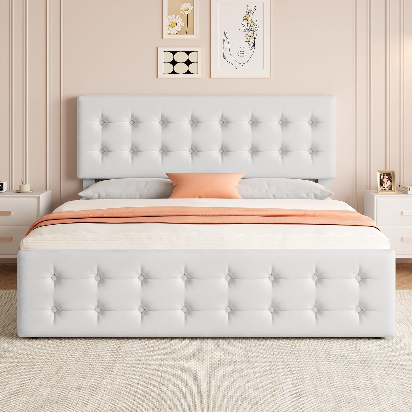 GAOMON King Size Bed Frame with 4 Storage Drawers and Headboard, Faux Leather Upholstered Platform Bed Frame with Wooden Slats Support, Button Tufted Design, No Box Spring Needed, White
