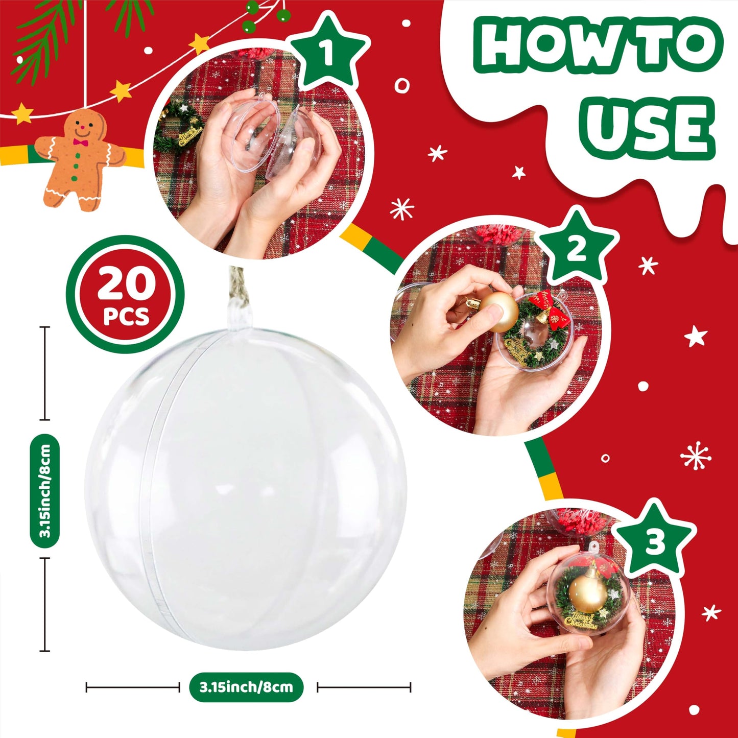 20 PCS Clear Plastic Fillable Balls Ornaments, 3.15 Inch Christmas Ornament Balls for DIY Crafts, Hanging Ornaments, Christmas Tree Decoration, Personalized Gifts, Home Decor