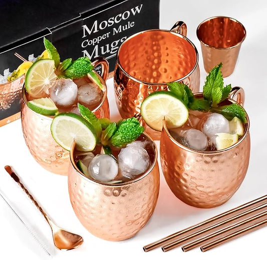 Moscow Mule Mugs, 4pcs Set of 16oz Copper Cups, Handcrafted Traditional Design, Gift Set with Straws, Spoon, Cleaning Brush & Shot Glass, Insulated, Reusable