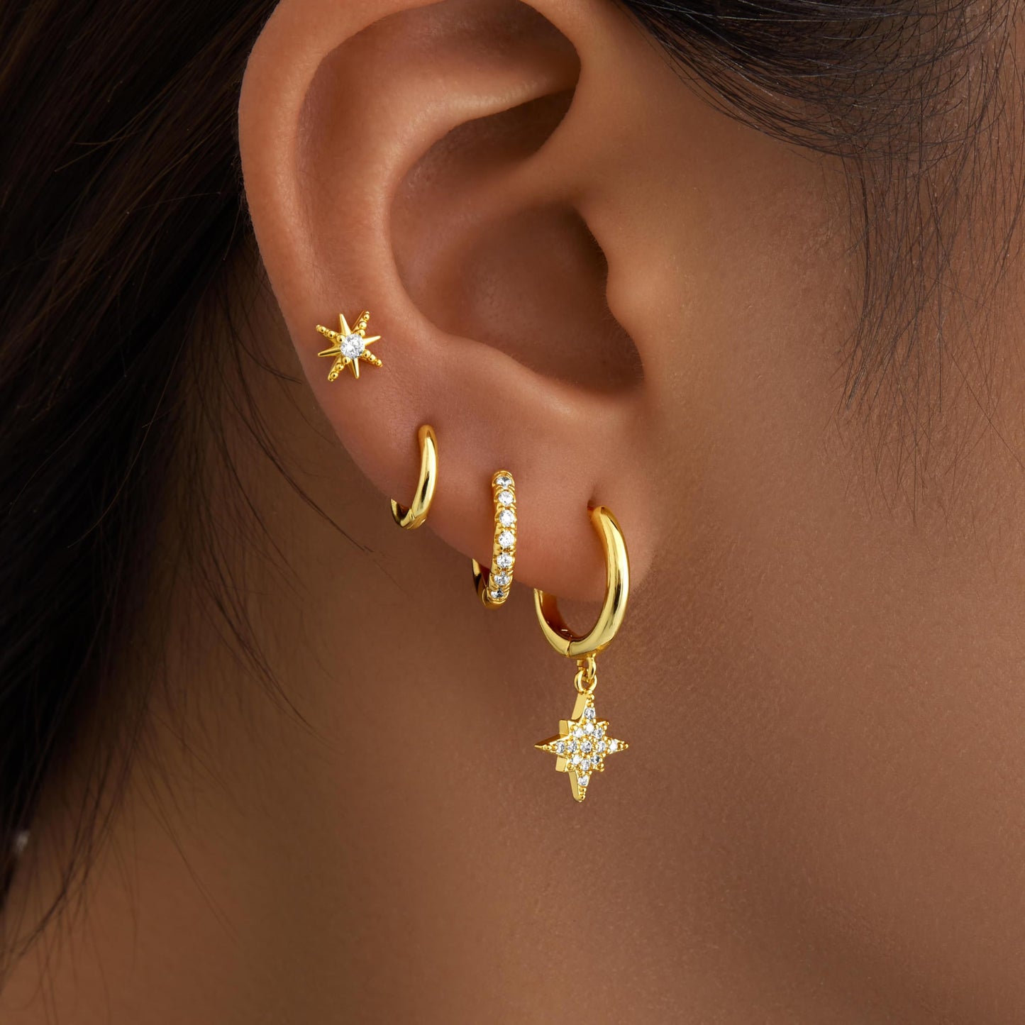 Gold Star Earrings for Women Gold Star Dangle Stud Stack Earrings Set, Multiple Piercing Hypoallergenic Lightweight Cute Women Earrings for Sensitive Ears Jewelry Set Gifts for Women
