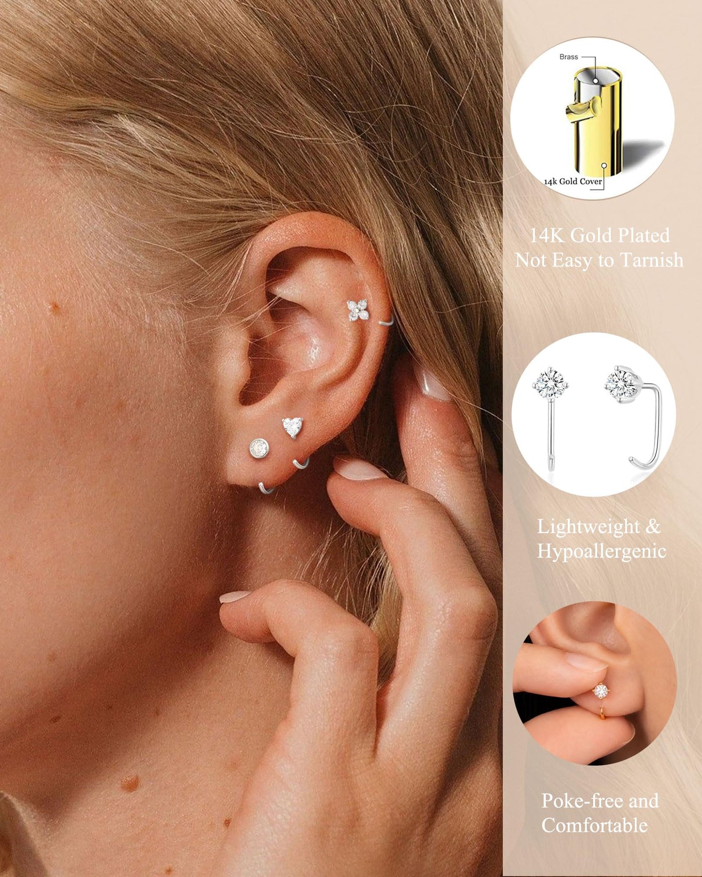 RLMOON Backless Earrings Silver Huggie Half Hoop Earrings for Women 14K Gold Plated Stay Close Hoop Earrings No Back Comfort Fit Hypoallergenic Stackable Earrings to Sleep in
