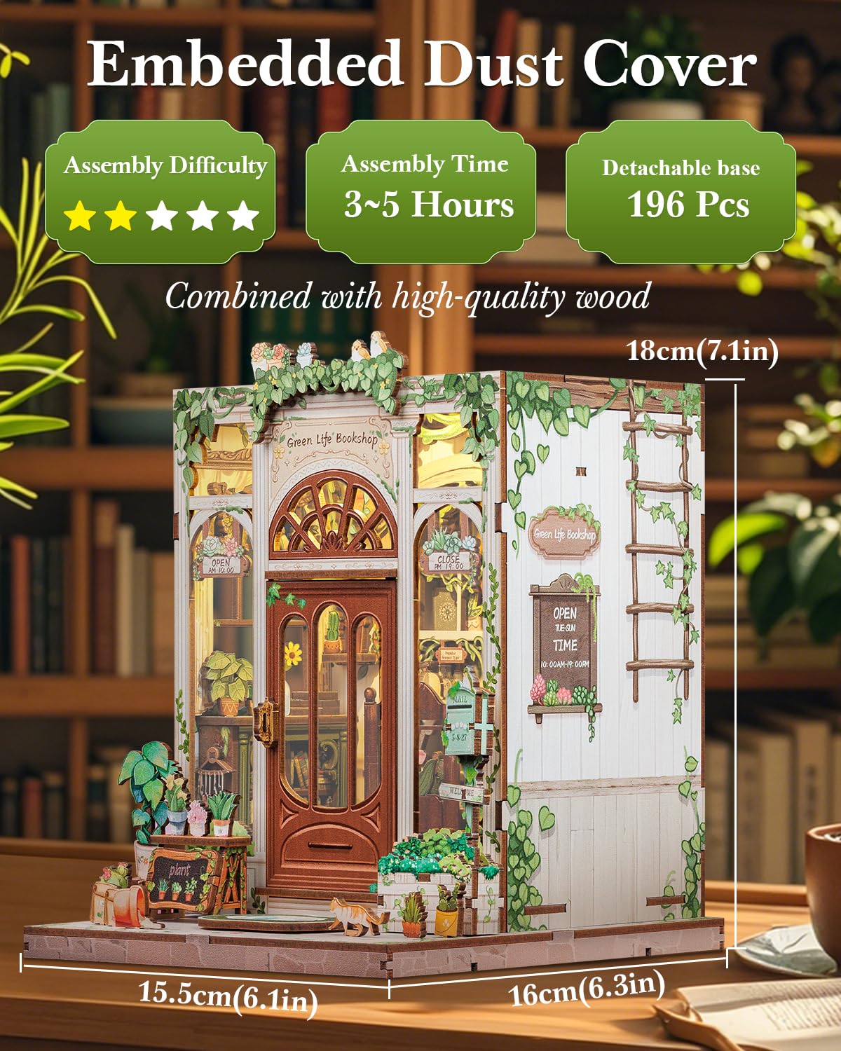Cutefun Book Nook Kit - DIY Miniature Dollhouse Booknook Kit for Adults and Teens, 3D Wooden Puzzle Bookshelf Insert Decor with LED Light, Gifts for Book Lovers and Beginners (Green Life Bookshop)