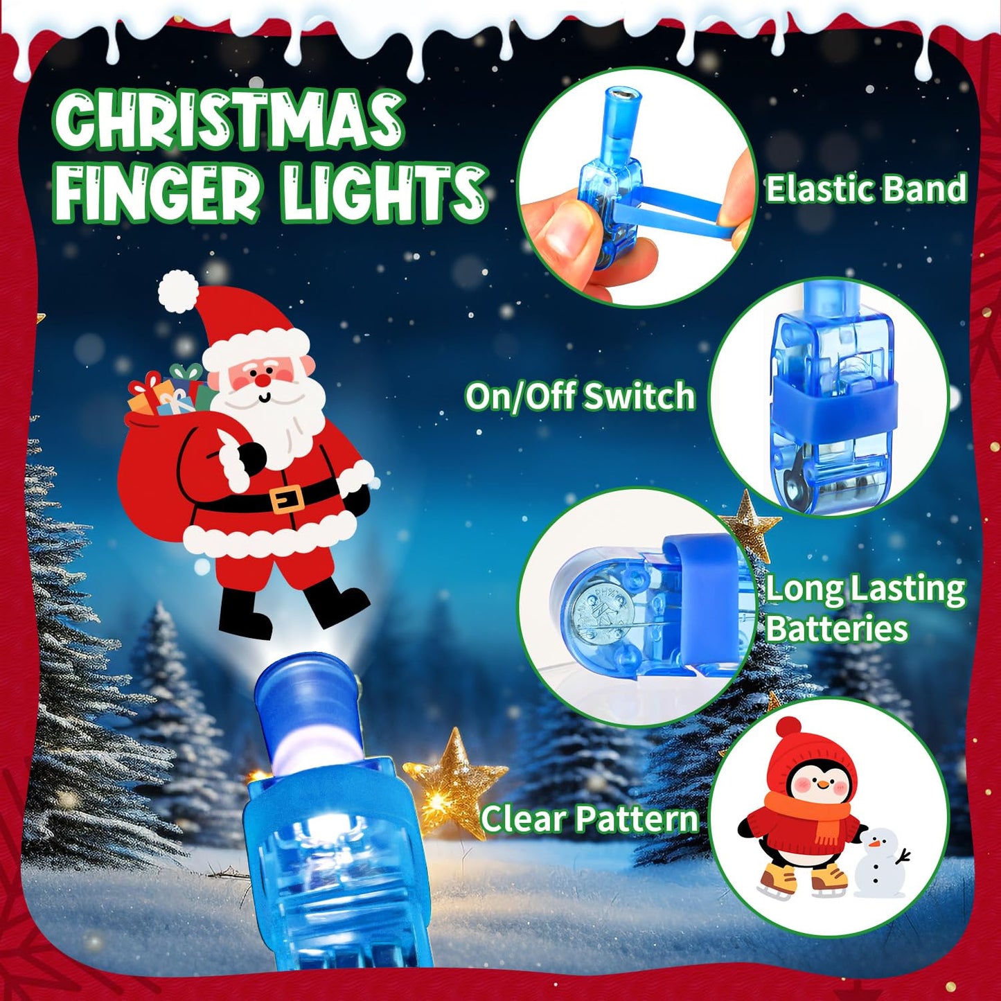 PCTCSHQ 80Pcs Christmas Party Favors, Finger Lights Christmas Stocking Stuffers for Kids Light Up Toys Bulk for Classroom Prizes Goodie Bags Stuffers Xmas Party Supplies