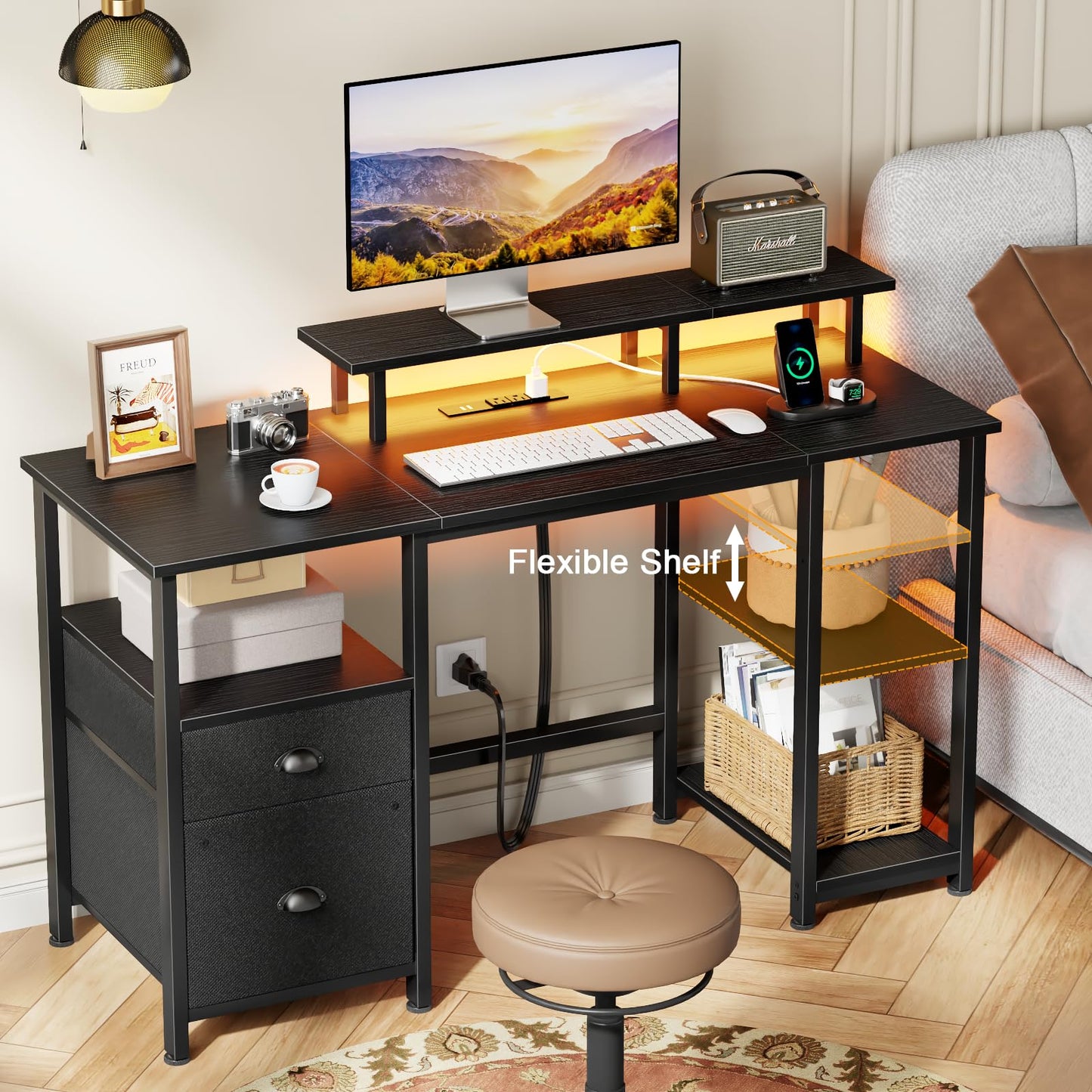 Furologee 51" Computer Desk with Outlet and LED Lights, Gaming Desk with Fabric Drawer, Home Office Table with Adjustable Shelves and Monitor Stand, Writing Study Table for Bedroom, Black