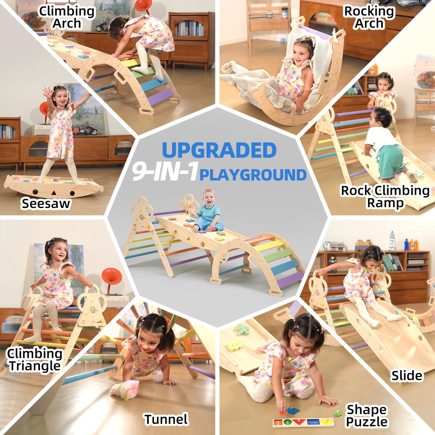 VENSEEN Baby Pikler Triangle Set with Cushion, 9-in-1 Foldable Wooden Climbing Toys for Toddlers, Indoor Montessori Jungle Gym Set for Kids Birthday Gift