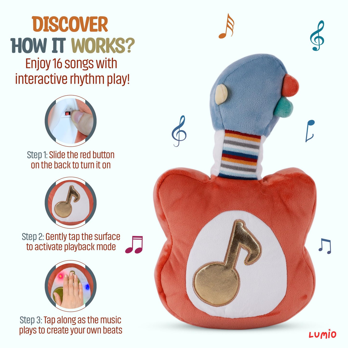 Lumio Interactive Musical Plush Toy with Lights and Sounds - Sensory Toy for 3 6 9 12-18 Months and up, Perfect for Tummy Time Rhythm Learning (Guitar) (Guitar)