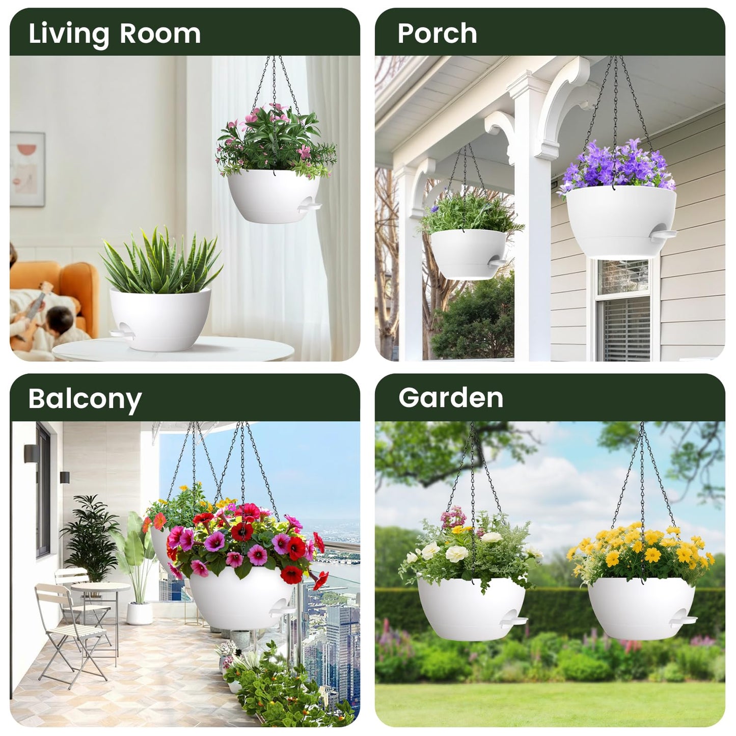 AHJZO 2 Pack 12 Hanging Flower Pots with Chains - Self Watering Plastic Planters for Indoor & Outdoor Plants, Sturdy Triangular Iron Chain Design for Garden PorchPlastic Hanging Flower pots (White)