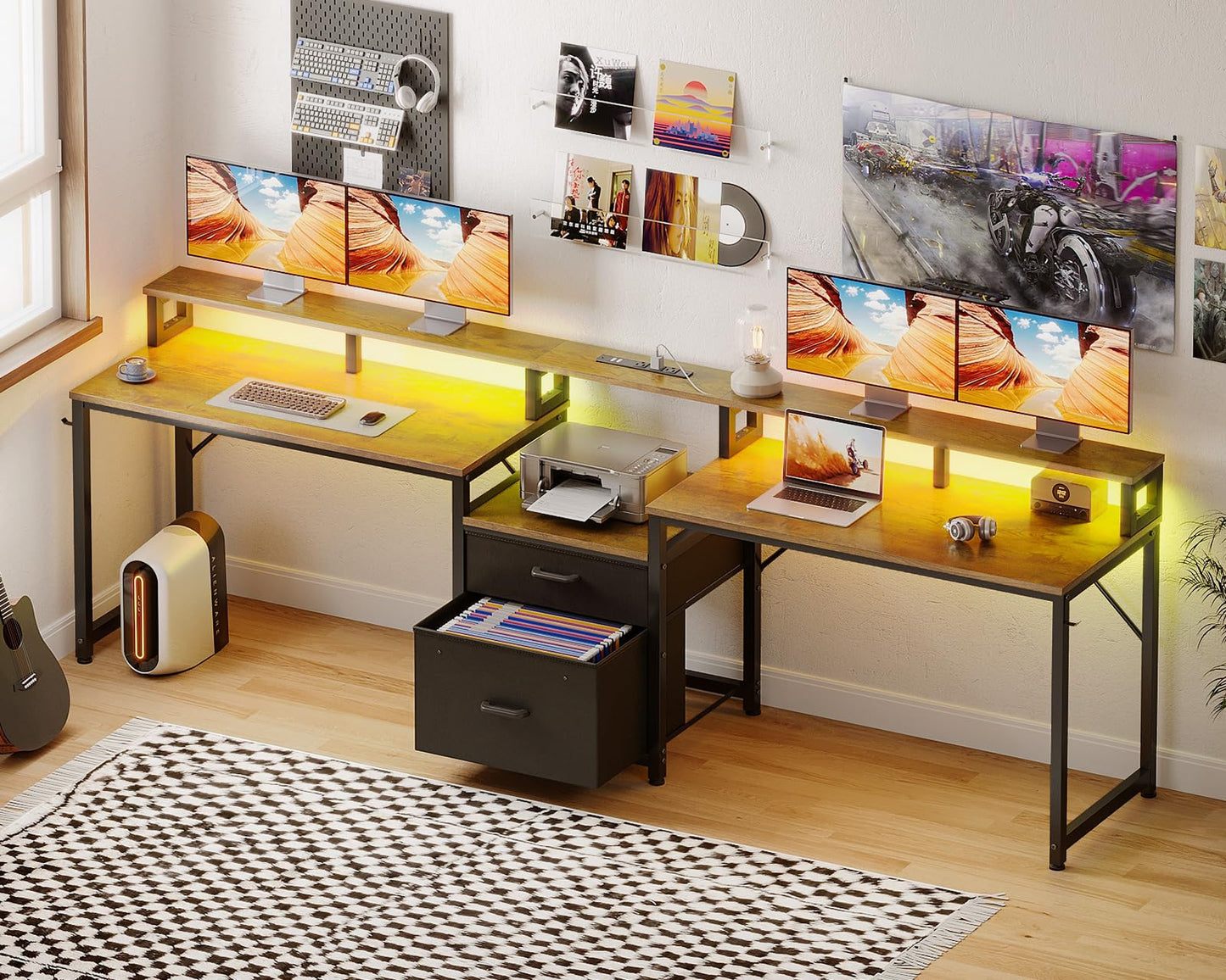 Casaottima 98" 2 Person Computer Desk with Fabric Drawer & File Cabinet, Two Person Long Writing Home Office Desk with Power Outlet & LED Light & Monitor Stand, Storage Shelves, Vintage