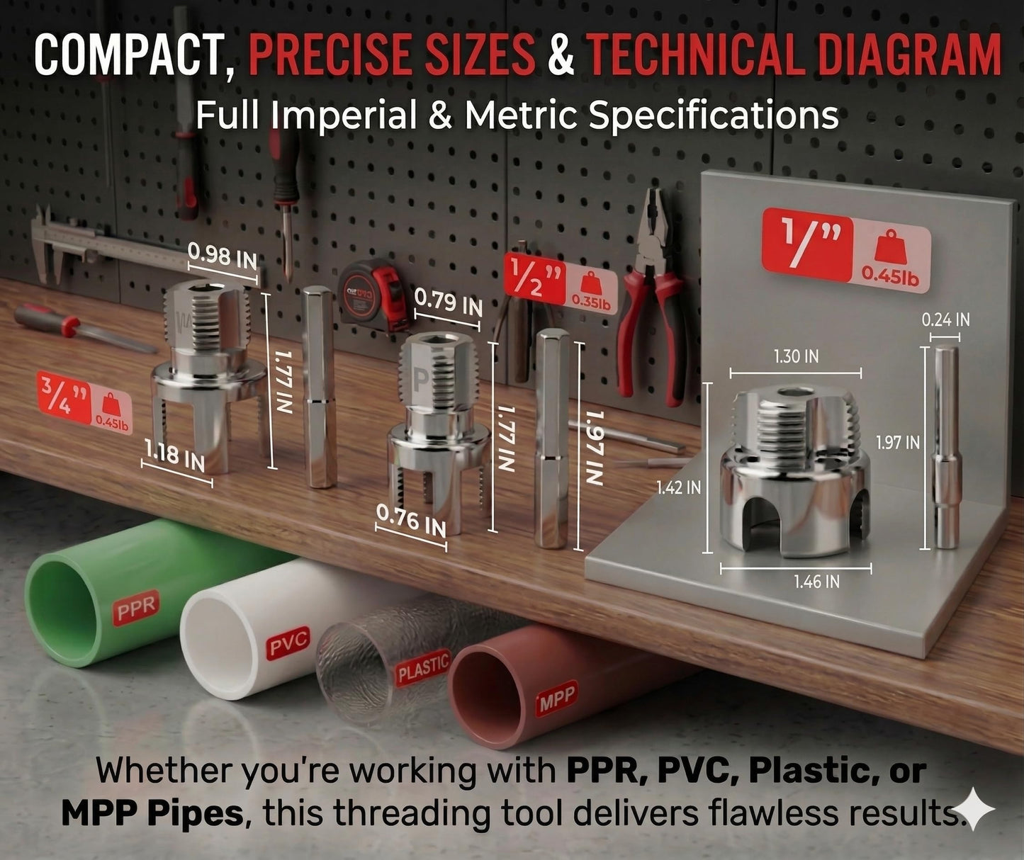 Premium 3 Packs PVC Pipe Threader 1/2 and 3/4 And 1 For Integrated Internal & External Threading Tool Break-resistant Rust-resistant Cutter Machuelos Tubo Set npt Dual-function Kit Opener
